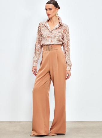 Bel Aksesuarlı Bol Paça Pantolon - Camel
