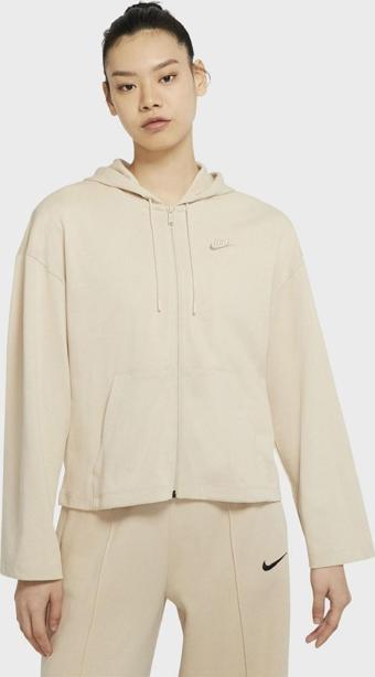 Nike Sportswear Jersey Loose Fit Full Zip Hoodie Bol Kalıp Kapüşonlu Bej Sweat