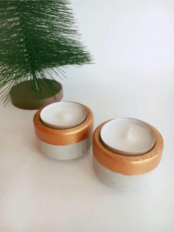 Hobimiz İşimiz %100 Beton 2Li Tealight Mumluk- Mumlar Dahil - Altın Rengi