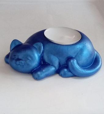 Hobimiz İşimiz Kedi Tealight Mumluk  - Mum Hediyeli  - Metalik Gece Mavisi