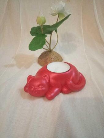 Hobimiz İşimiz Kedi Tealight Mumluk - Mum  - Metalik Kırmızı