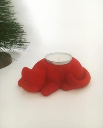Hobimiz İşimiz Kedi Tealight Mumluk - Mum Hediyeli - Kırmızı -