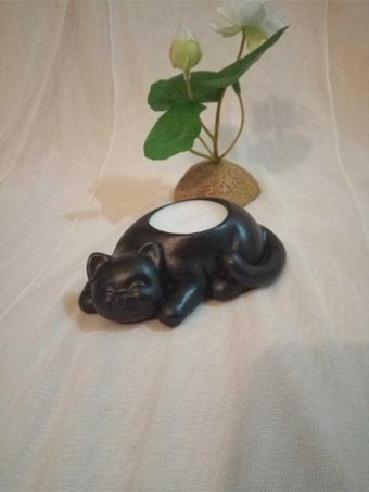 Hobimiz İşimiz Kedi Tealight Mumluk - Mum Hediyeli - Metalik Siyah