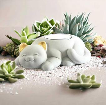 Hobimiz İşimiz Kedi Tealight Mumluk - Mum Hediyeli - Naturel