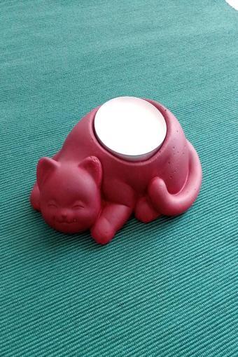 Hobimiz İşimiz Kedi Tealight Mumluk - Mum Hediyeli - Şarap Kırmızısı