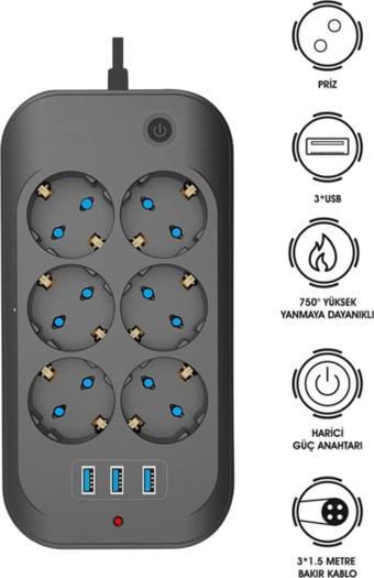 Ecuy 6'Lı Akım Korumalı Uzatma Kablolu Priz  3Xusb Isıya Dayanaklı Priz 2500 Watt