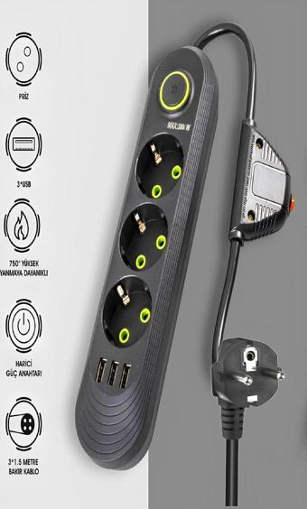 Ecuy Akım Korumalı Priz 3'Lü Grup Priz 3 Usb Çıkışlı 1.5 Metre