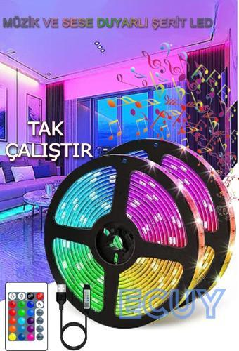 Ecuy Rgb Şerit Led Müziğe Duyarlı Ritimle Uyumlu Uzaktan Kumandalı Yapışkanlı Led 3Metre Tak-Çalıştır