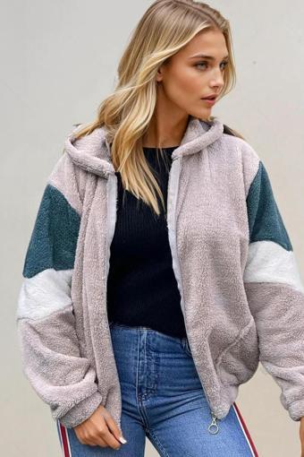 Renk Bloklu Bomber Polar Peluş Sweatshirt