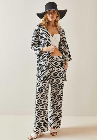 Etnik Desen Kimono Pantalon Takım