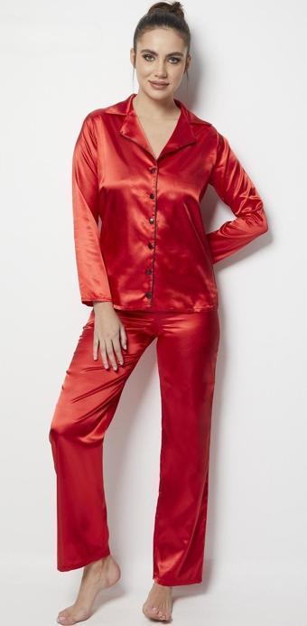 Faryanight Saten Uzun Kollu Düğmeli Gömlek Pijama Takımı