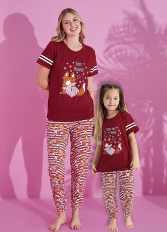 Anne Kız Kombin Desenli Viskon Kısa Kollu Pijama Takımı (ANNE KIZ AYRI SATILIR)
