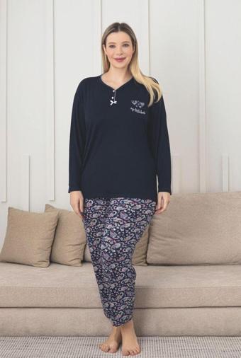 X-Dreamy Büyük Beden Viskon Desenli Uzun Kollu Pijama Takımı
