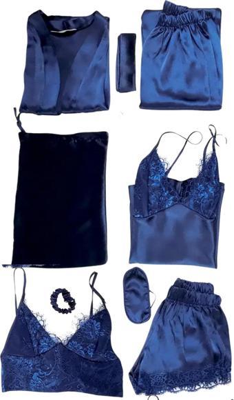 Faryanight 8 Parça İpek Saten Gecelik Sabahlık Büstiyer Pijama Şort Çeyiz Seti