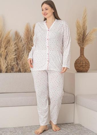 X-Dreamy Büyük Beden Pamuklu Çiçekli Önden Düğmeli Pijama Takımı