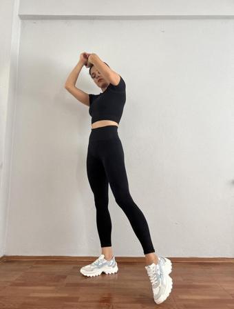 Zeynos Giyim Kısa Kol Spor Seamless Tayt Takımı Siyah S-M