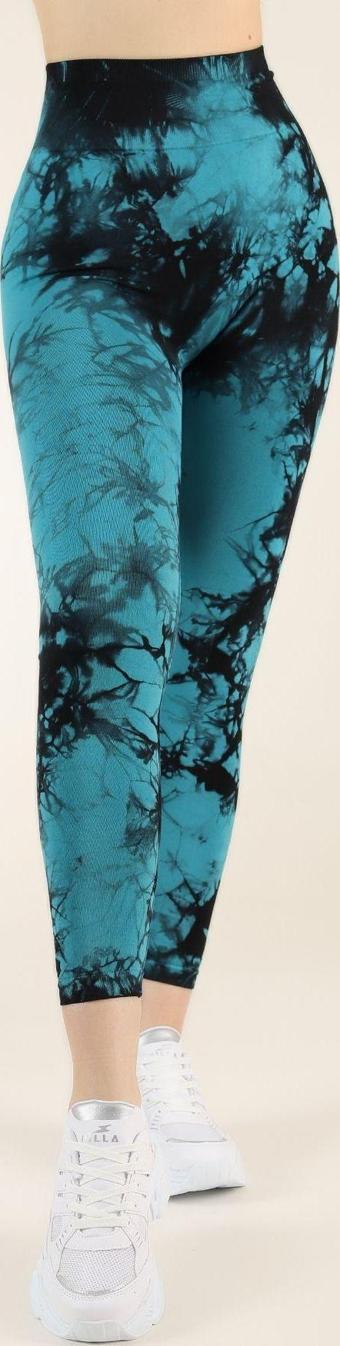 Zeynos Giyim Dikişsiz Push-up Toparlayıcı Batik Desen Spor Tayt Mavi M-L