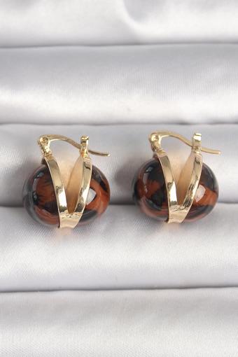 Pirinç Gold Renk Leopar Desen 3D Daire Model Kadın Küpe - EBJ250315W32070