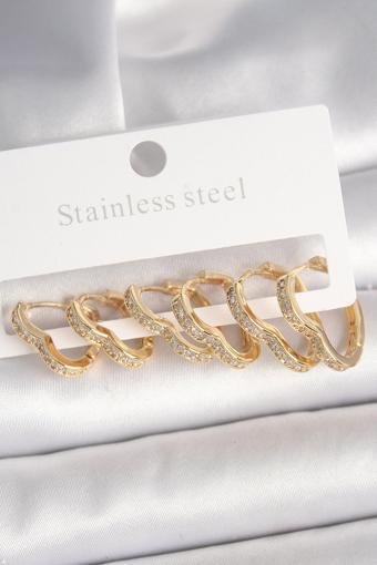 Pirinç Gold Renk Zirkon Taşlı 3 Çift Kalp Model Kadın Küpe - EBJ250315W32058