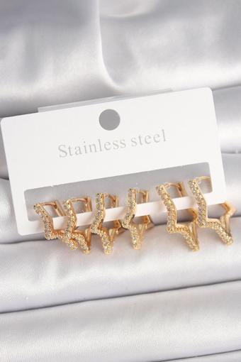 Pirinç Gold Renk Zirkon Taşlı 3 Çift Yıldız Model Kadın Küpe - EBJ250315W32056