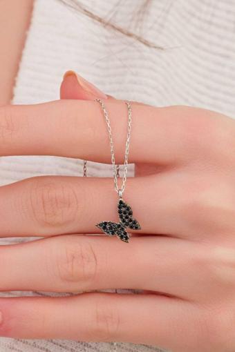 Bs Begisilver 925 Ayar Gümüş Minik Siyah Taşlı Kelebek Kadın Kolye