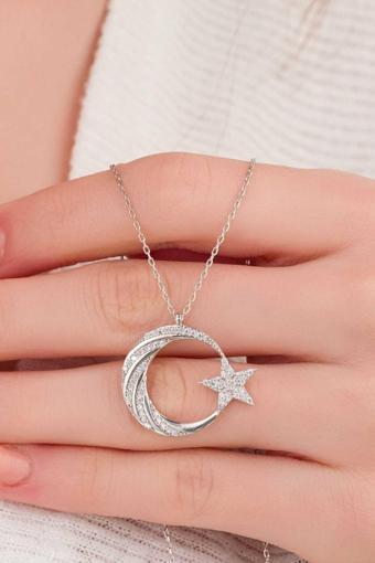 Bs Begisilver 925 Ayar Gümüş Beyaz Zirkon Taşlı Ay Yıldız Kadın Kolye