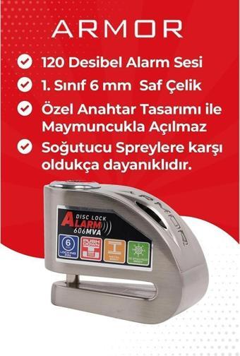 Armor Alarmlı Motorsiklet Disk Kilidi Çelik Gövde 606 Mva 6mm-İnox