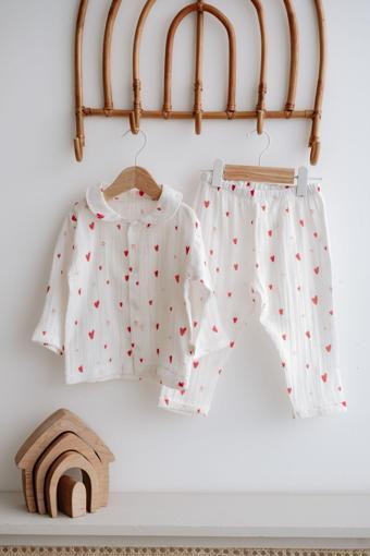 Tba Collection Müslin Pijama Takımı  | Red Hearts Kırmızı 1-2 Yaş