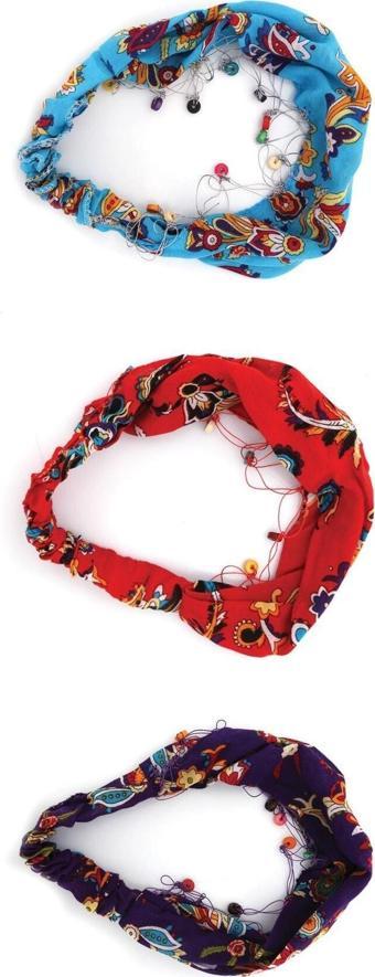 Boncuklu Paraşüt Bandana Lastikli 3'lü Set Kırmızı Mavi Mor