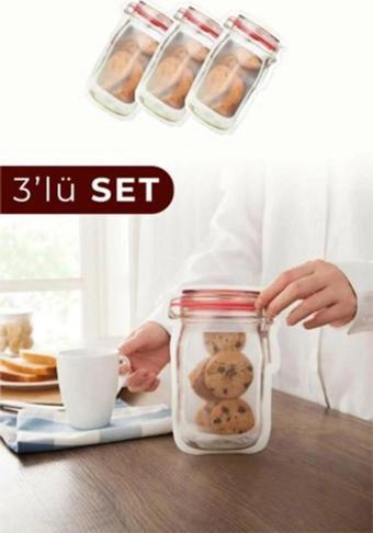 3 lü 1000 ml Gıda Saklama Poşeti Kavanoz Görünümlü Çıtçıt Kilitli Buzdolabı Bakliyat Kabı Poşet
