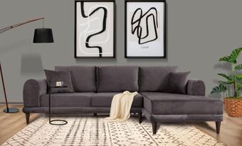 Tasarım Nero Kadife Köşe Koltuk, Koyu Gri, 250X160, Sağ Köşe