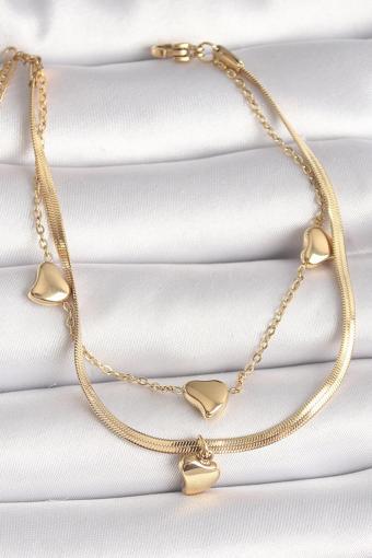 316L Çelik Gold Renk 2'Li İtalyan Zincir Sallantı Kalp Figür Kadın Bileklik - TJ-BB6766