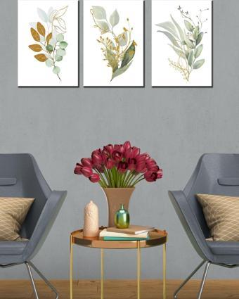 Kemson Yeşil Çiçekler Sanatsal 3 Parça Art Duvar Tablosu Yüksek Çözünürlük Uv Baskı Tekniği 40X30