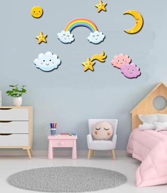 Odun Marketi Çocuk Odası Karışık Duvar Figürleri Uv Baskı 8 Parça Mdf Tablo