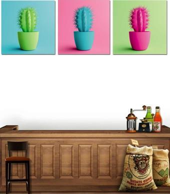 Hyl Dekoratif Rengarenk Kaktüs Tabloları (3 Lü Set)