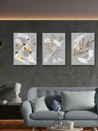 Yalova Shop Fırça İzlerine Minimalist Gold Bitki Dokunuşları Dekoratif 3 Lü Tablo Seti