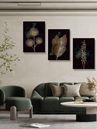 Yalova Shop Karanlığı Aydınlatan Minimalist Gold Botanik Tablo Seti