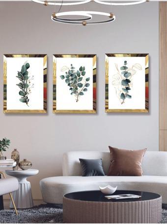 Yalova Shop Modern Sanatsal Dijital Uv Baskı Gold Ayna Pleksi Çerçeveli 3'Lü Yeşil Çiçek Tablo Seti