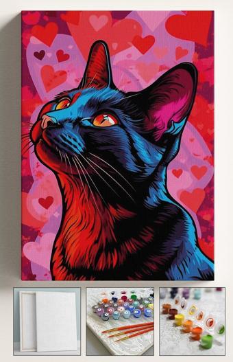 Corvo Sayılarla Boyama Hobi Seti Çerçeveli Kalpli Siyah Kedi Kasnaklı 40X50Cm