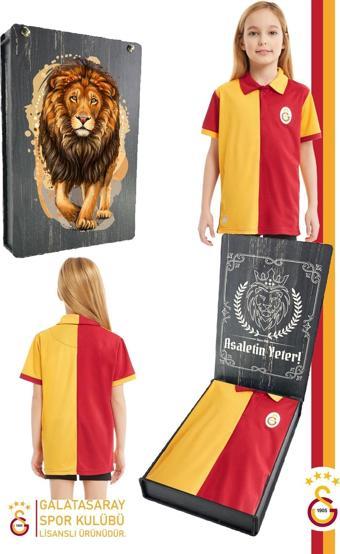 Galatasaray Orijinal Lisanslı Match Day Polo Çocuk T-shirt Gs Aslan Baskılı Hediyelik Ahşap Kutulu
