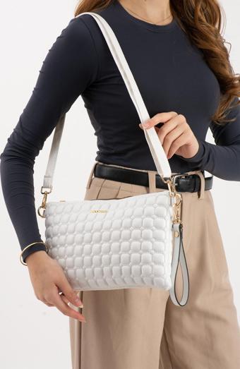 Sanmorris Kadın Suni Deri Beyaz Renkli Ayarlanabilir Çapraz Ve El Askılı Portföy, Clutch Çanta