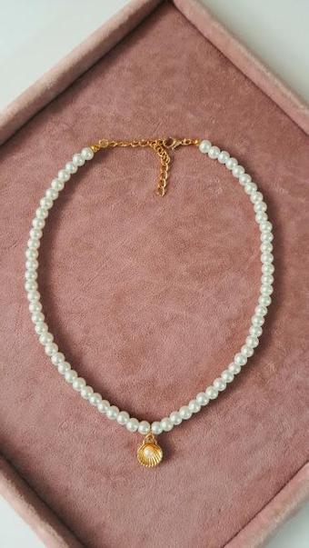 KADIN BEYAZ İNCİLİ DENİZ KABUĞU CHOKER TASMA KOLYE