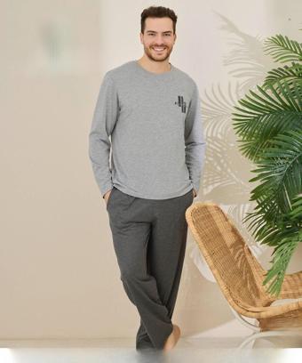 Pijamoni Erkek Pamuklu Bisiklet Yaka Uzun Kol İnce Pijama Takımı 6150/11 - 1 Adet