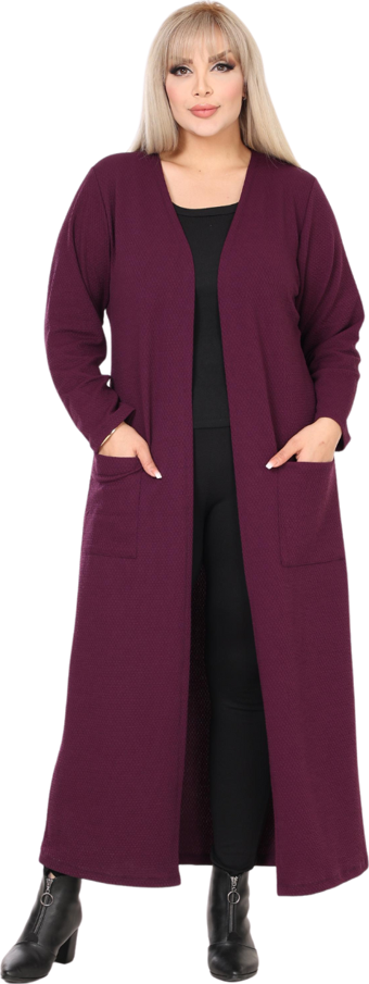 Melsay Butik Kadın Mor Büyük Beden Önü Açık Ceket Yaka Örme Uzun Hırka