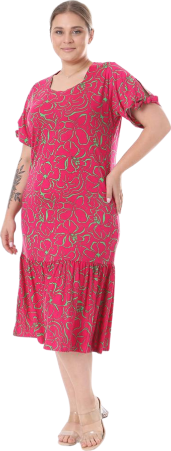 Melsay Butik Fuşya Çiçek Desen Kolları Bağlamalı Kısa Kollu Elbise