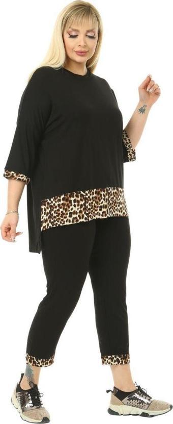 Melsay Butik Siyah Leopar Şeritli Büyük Beden Kadın Kapri Takımı