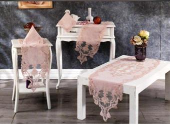 Belenay 5 Parça Fransız Dantelli Salon Takımı- Pudra