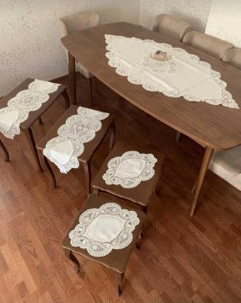 Bursa Çeyiz 5 Parça Salon Takımı Masa Örtüsü Runner Seti Keten Kumaş Leke Tutmaz