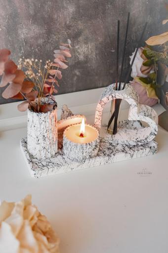 Jeane Home Decor Mermer Desenli Kalpli Oda Kokusu Vazo Doğal Soya Wax Mum Seti
