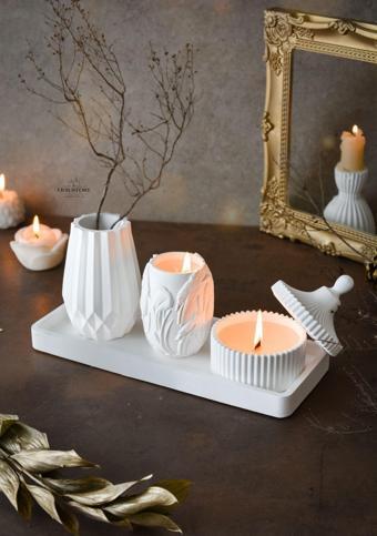 Jeane Home Decor Özel Tasarım Dekoratif Vazo Kokulu Soya Mumluk Ve Tealight Beton Obje Seti Hediyelik Dekor